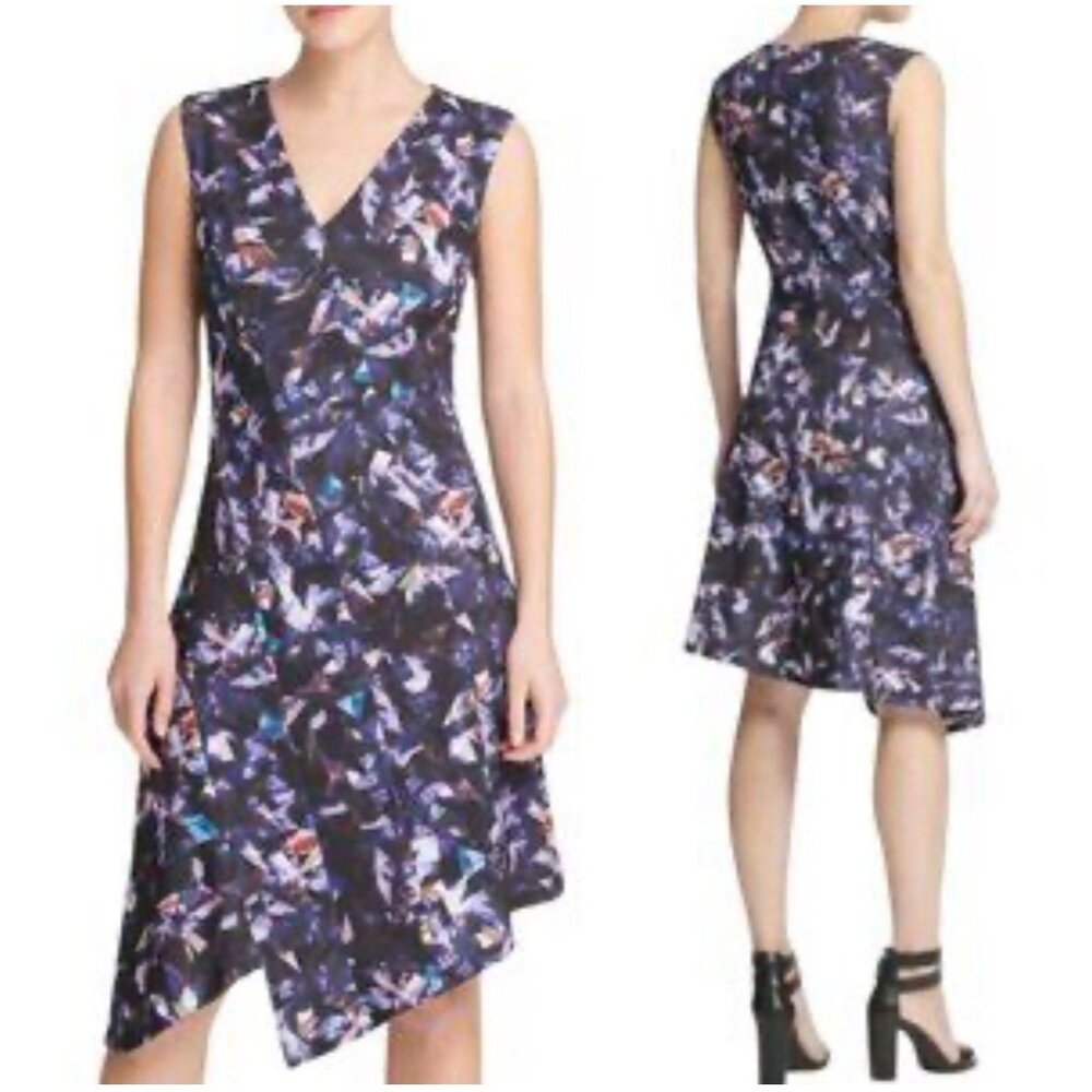 DKNY Donna Karan Dress Blue Black Purple Orange 4 Stretch Career NWT $165 V Neck